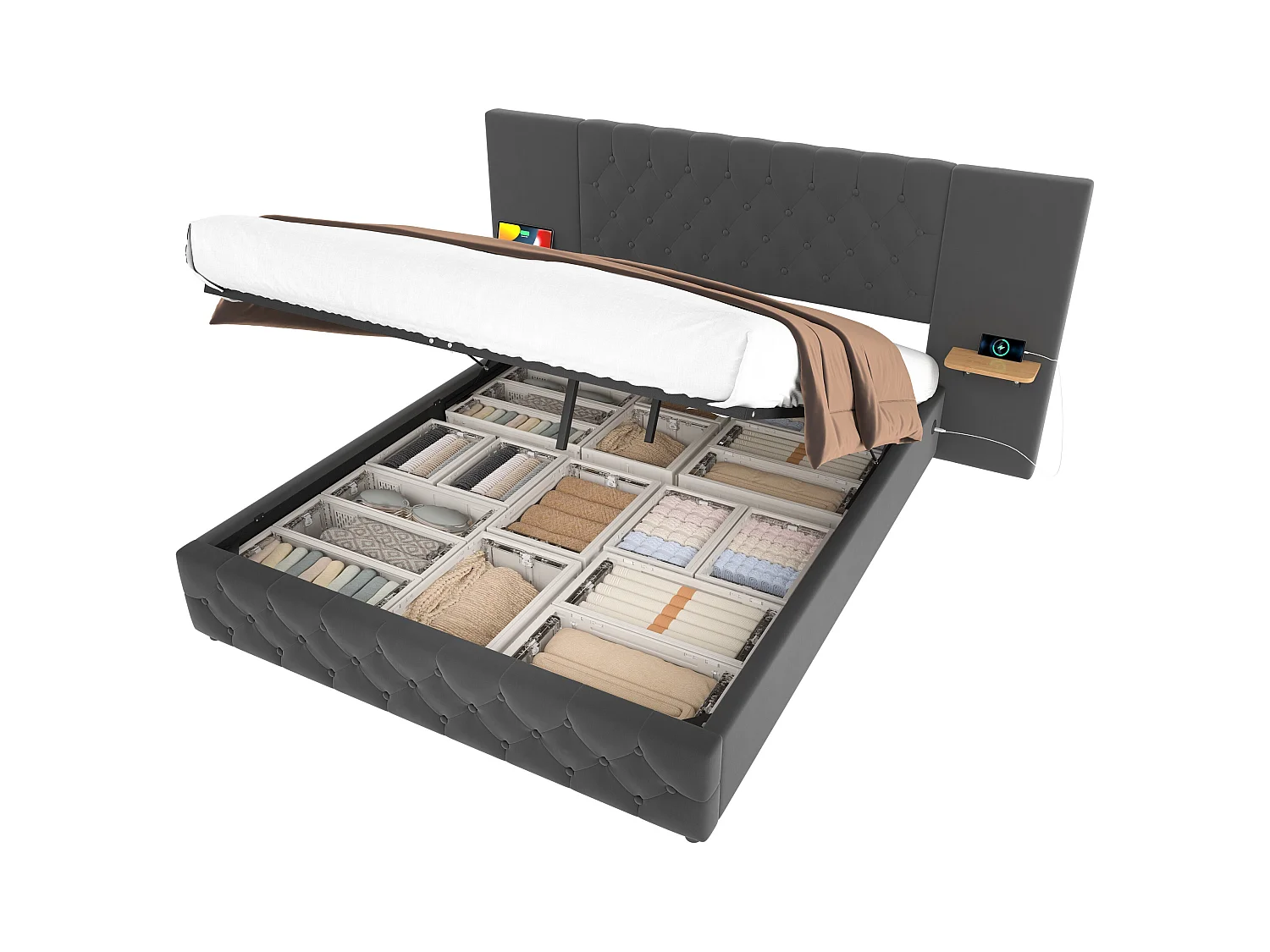 Lit coffre 140x200 cm avec LED et port USB, tête de lit large - velours gris - sans matelas