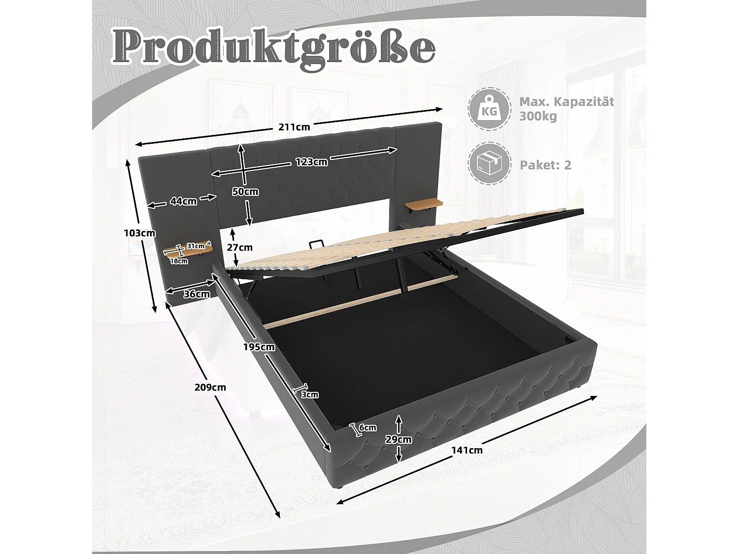 Łóżko ze schowkiem 140x200 cm z diodami LED i portem USB, szeroki zagłówek - szary aksamit - bez materaca