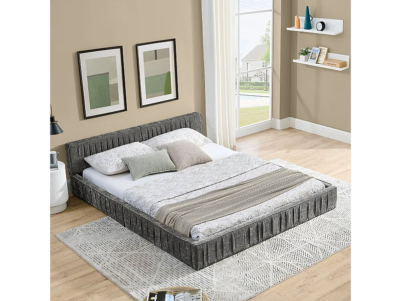 Łóżko podwójne 140x200 cm z tapicerowanym zagłówkiem, szenila ciemnoszara - bez materaca