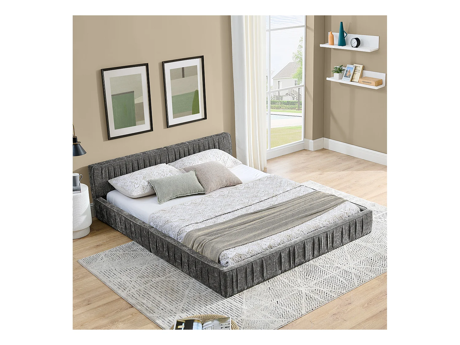 Łóżko podwójne 140x200 cm z tapicerowanym zagłówkiem, szenila ciemnoszara - bez materaca