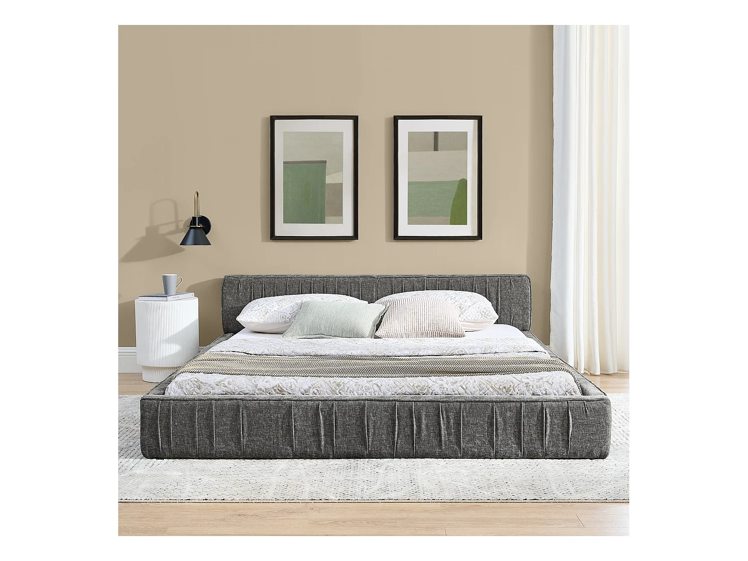Łóżko podwójne 140x200 cm z tapicerowanym zagłówkiem, szenila ciemnoszara - bez materaca