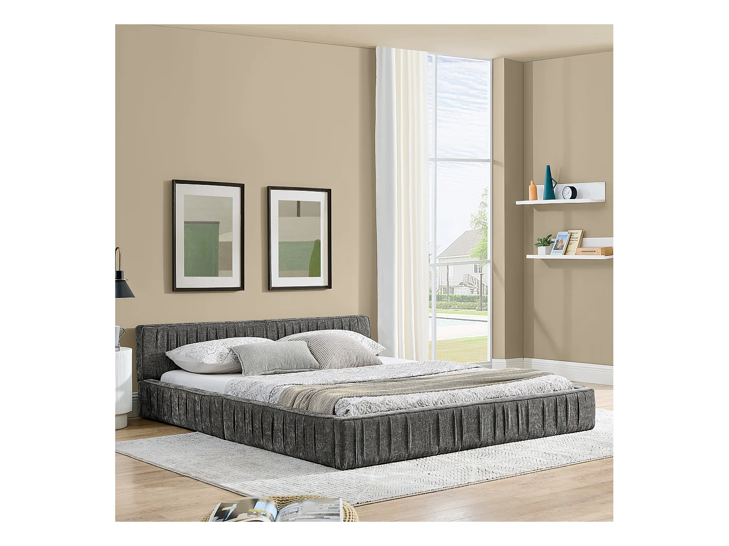 Łóżko podwójne 140x200 cm z tapicerowanym zagłówkiem, szenila ciemnoszara - bez materaca