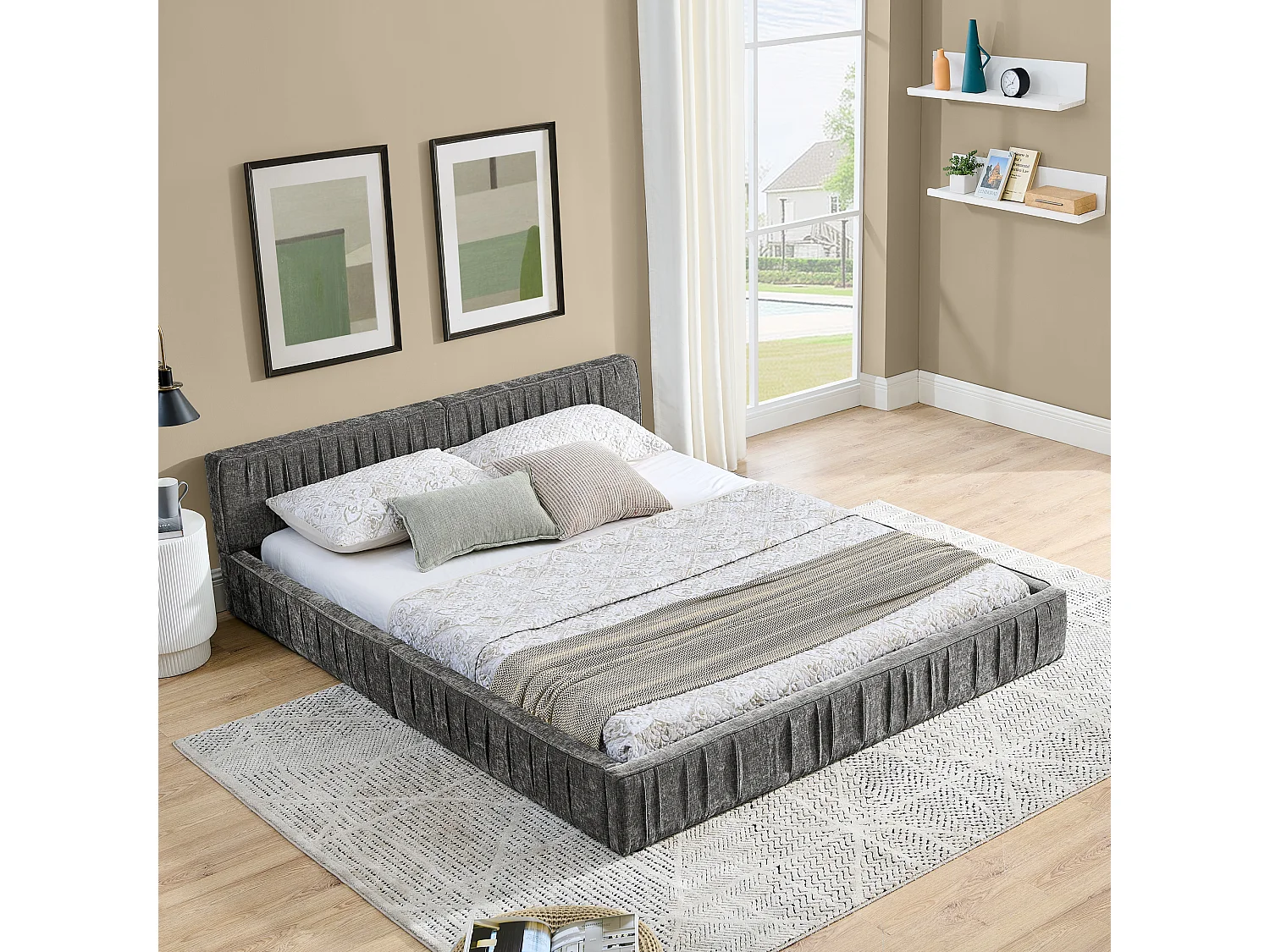Lit adulte 140x200 cm avec tête de lit tapissée, chenille gris foncé - sans matelas