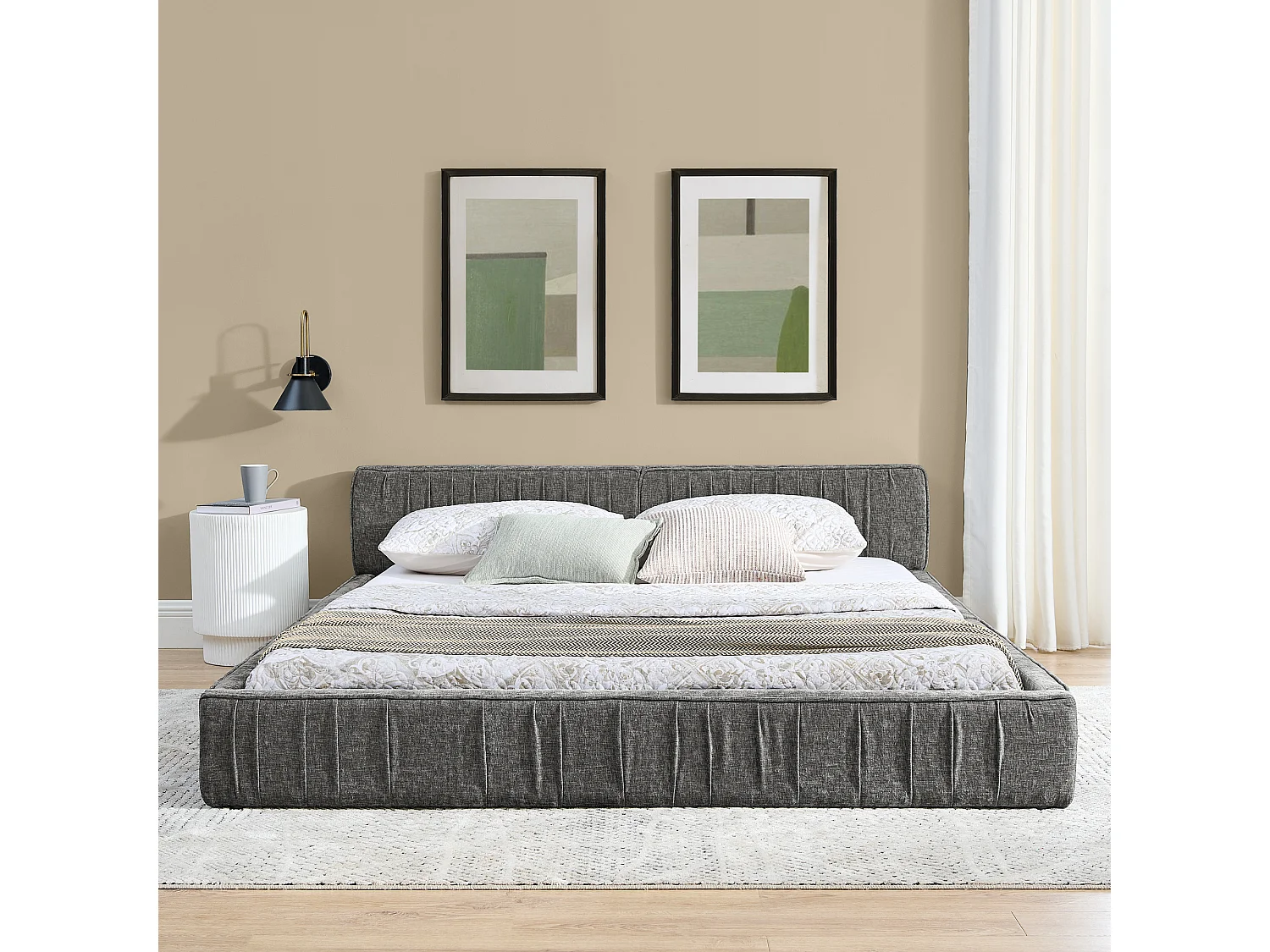 Lit adulte 140x200 cm avec tête de lit tapissée, chenille gris foncé - sans matelas