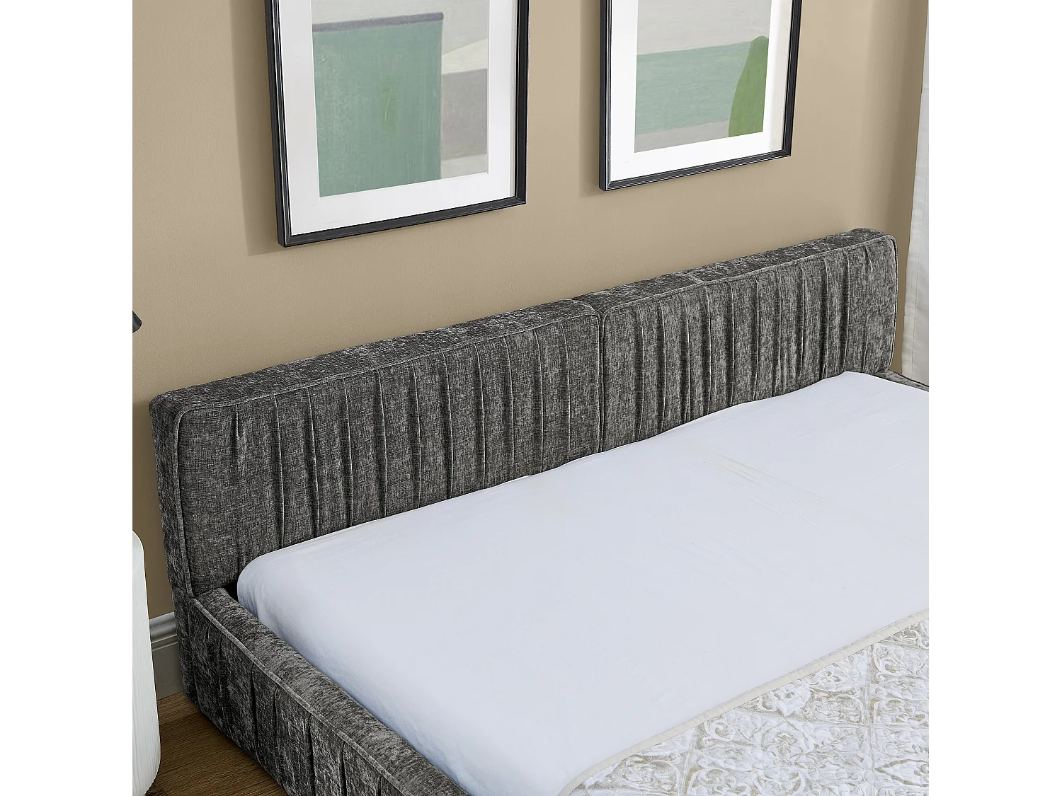 Lit adulte 140x200 cm avec tête de lit tapissée, chenille gris foncé - sans matelas