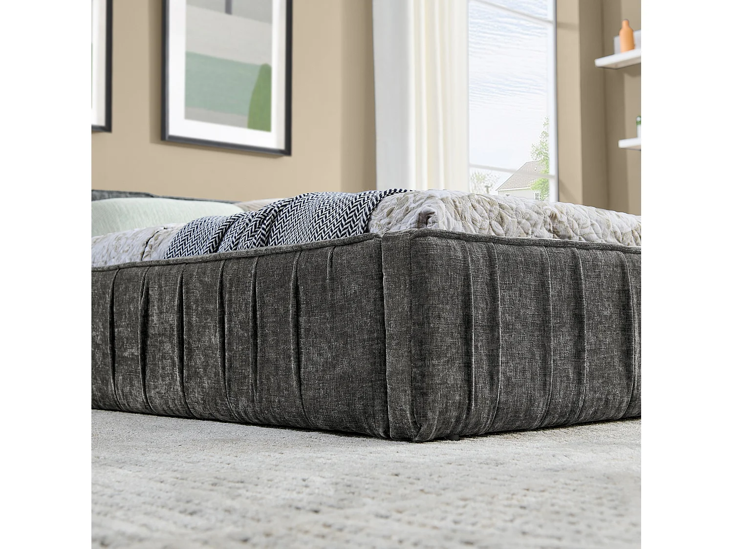 Lit adulte 140x200 cm avec tête de lit tapissée, chenille gris foncé - sans matelas