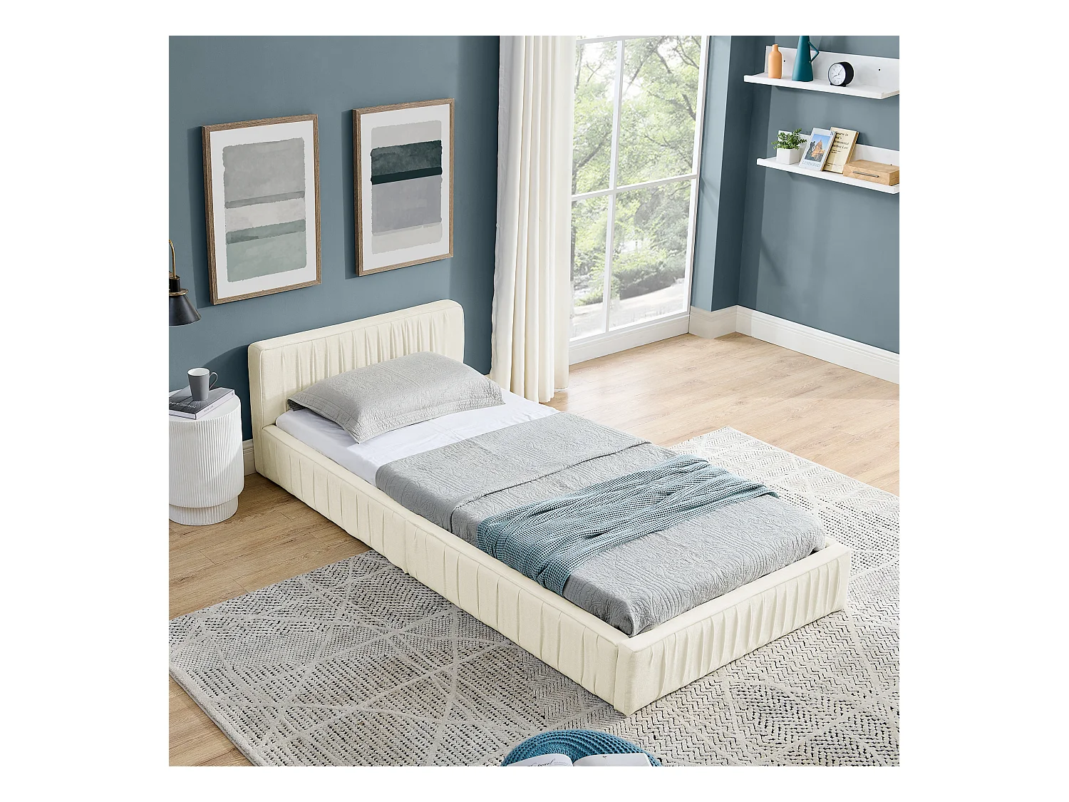 Łóżko dziecięce 90x200 cm z tapicerowanym zagłówkiem, szenila beżowa - bez materaca