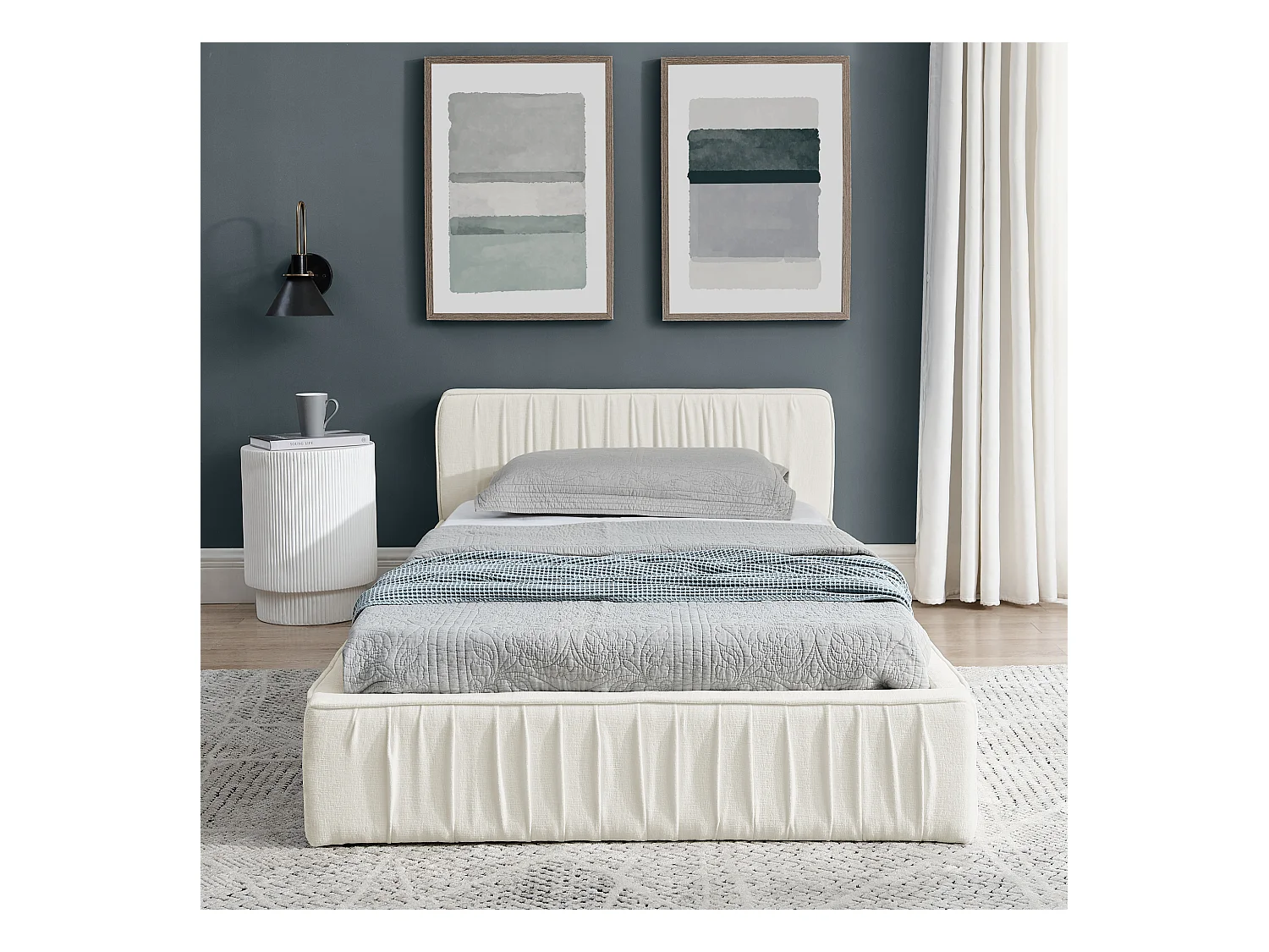 Łóżko dziecięce 90x200 cm z tapicerowanym zagłówkiem, szenila beżowa - bez materaca