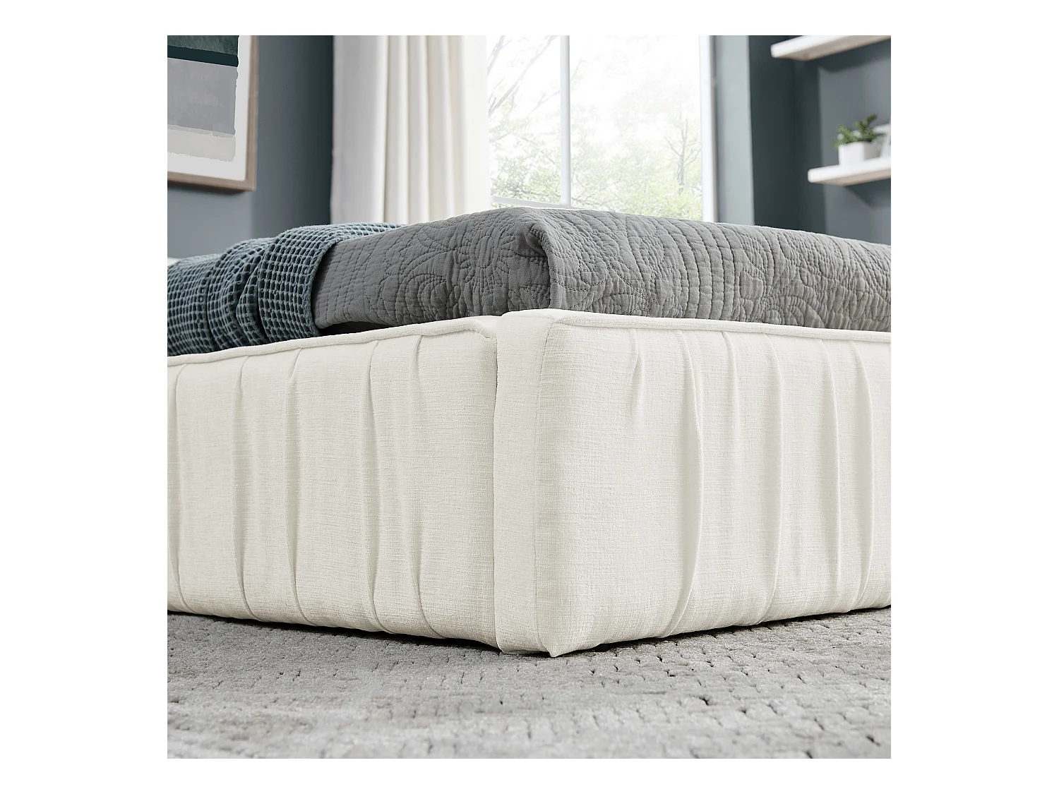 Łóżko dziecięce 90x200 cm z tapicerowanym zagłówkiem, szenila beżowa - bez materaca