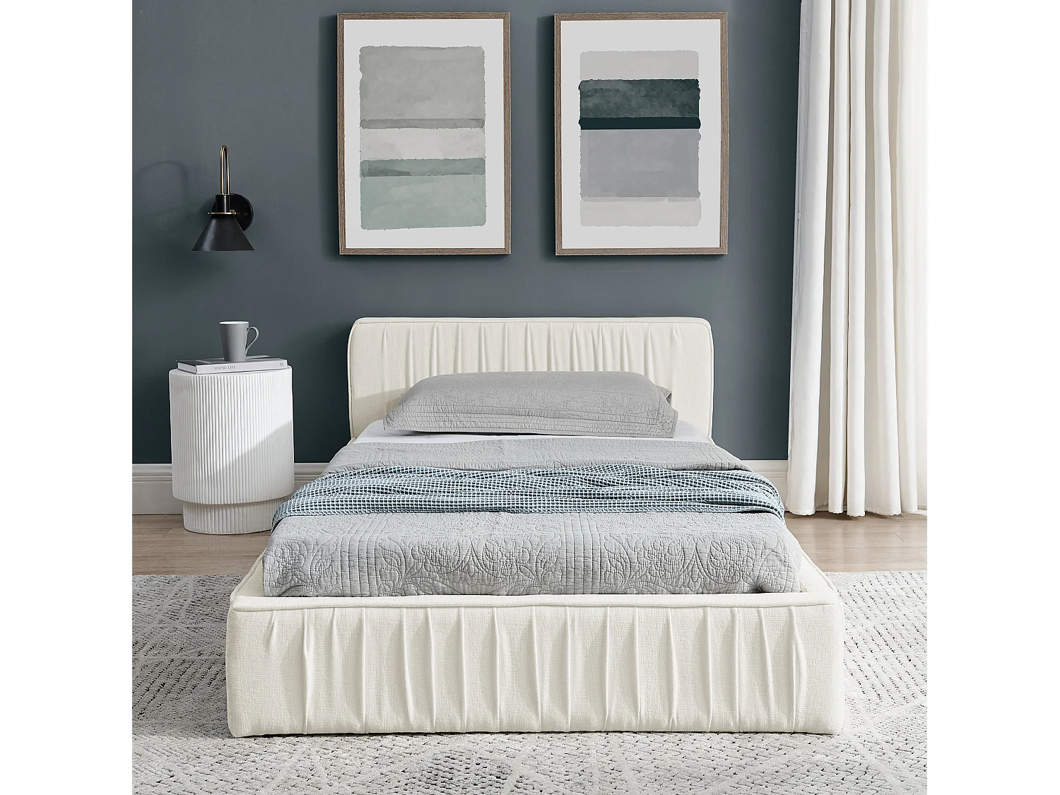 Lit enfant 90x200 cm avec tête de lit tapissée, chenille beige - sans matelas