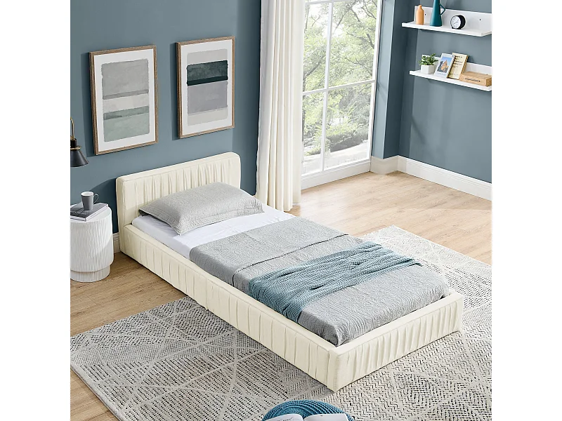 Łóżko dziecięce 90x200 cm z tapicerowanym zagłówkiem, szenila beżowa - bez materaca