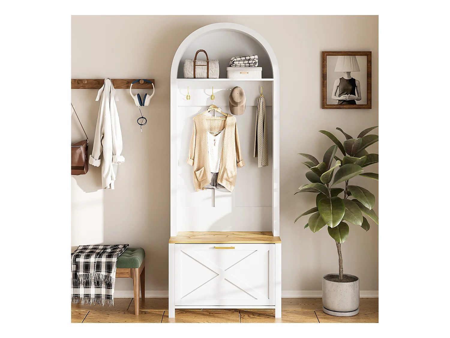 Porte-manteau blanc avec étagère à chaussures, étagères et crochets - pour entrées et salon