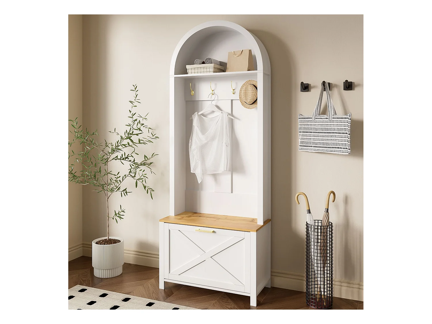 Porte-manteau blanc avec étagère à chaussures, étagères et crochets - pour entrées et salon