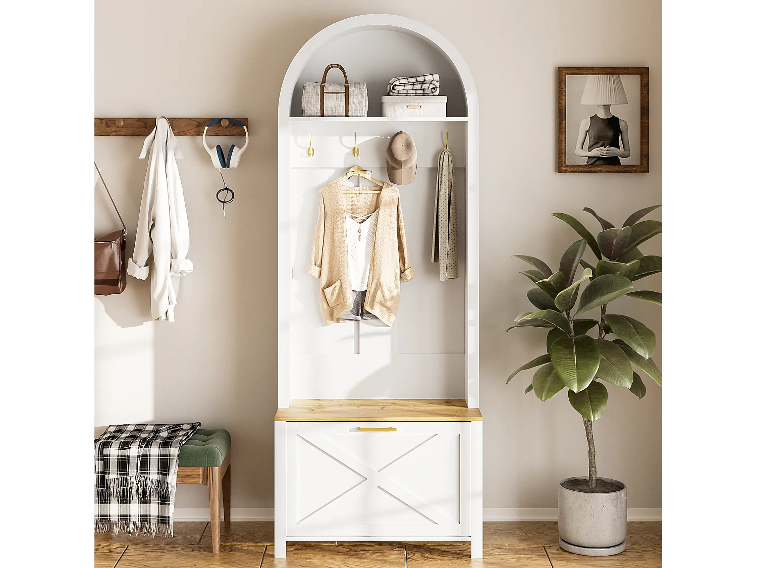 Appendiabiti bianco con scarpiera, ripiani e ganci - per ingressi e soggiorni