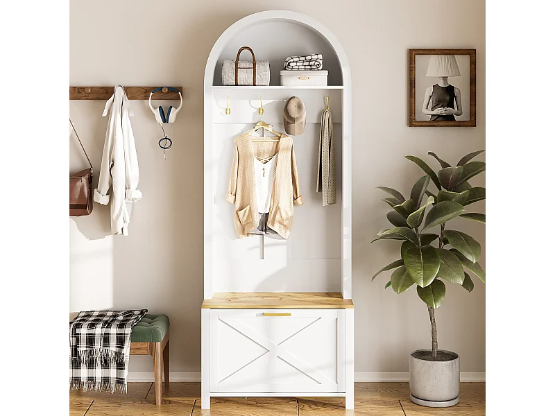 Porte-manteau blanc avec étagère à chaussures, étagères et crochets - pour entrées et salon