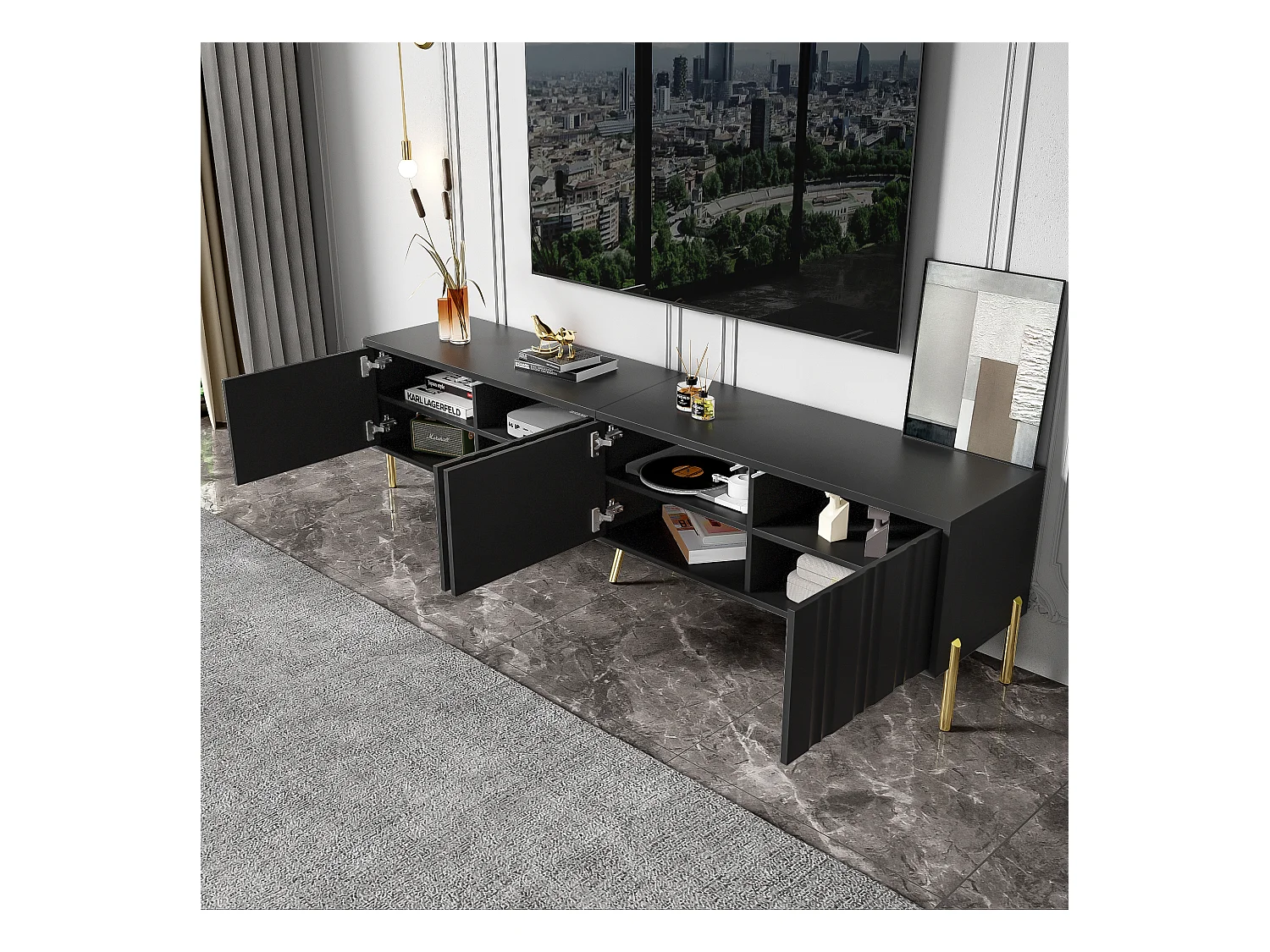 Meuble TV noir avec 4 portes cannelées et pieds dorés – pour salon et bureaux