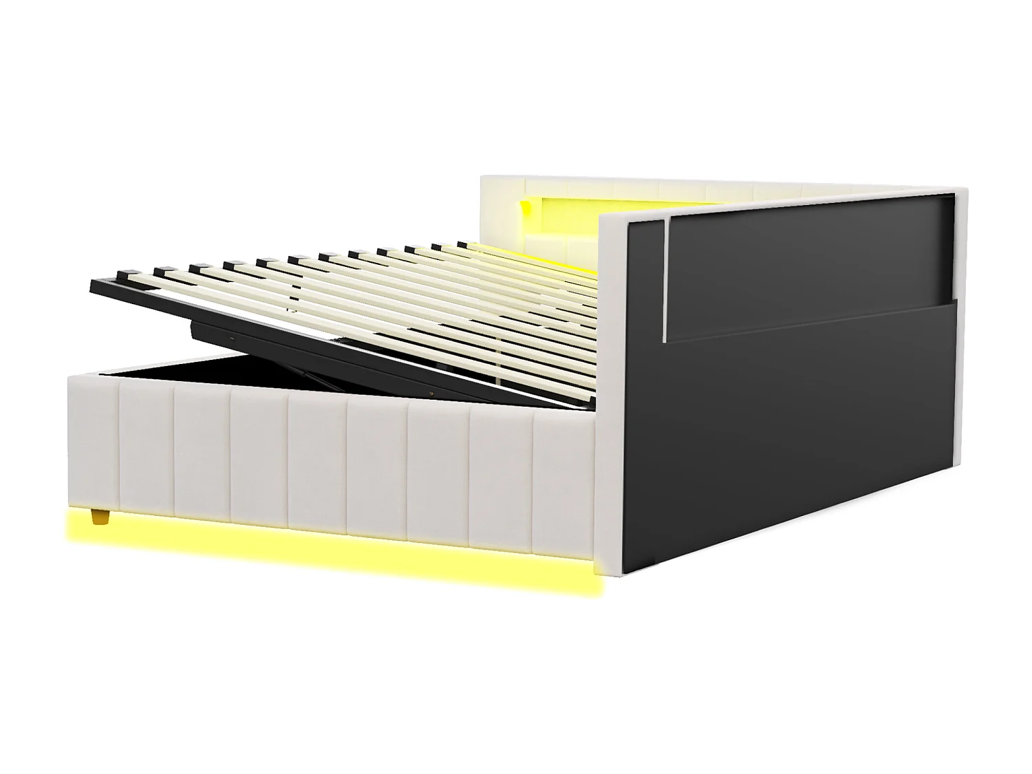 Slaapbank 140x200 cm met opbergruimte, led-lampje en USB-aansluiting - Beige fluweel (zonder matras)