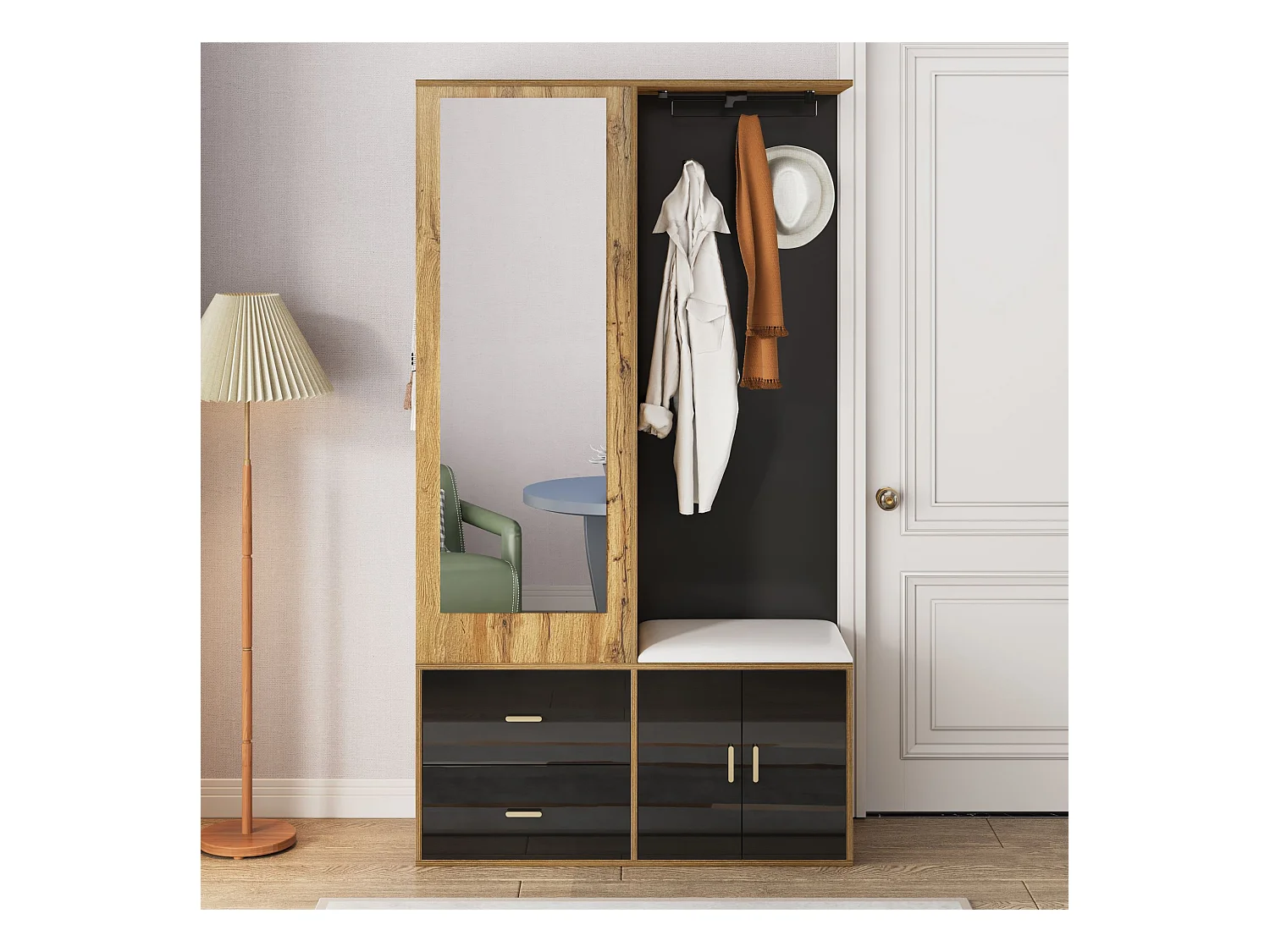 Porte-manteau avec miroir et banc à chaussures, tringle à vêtements rétractable - noir et naturel