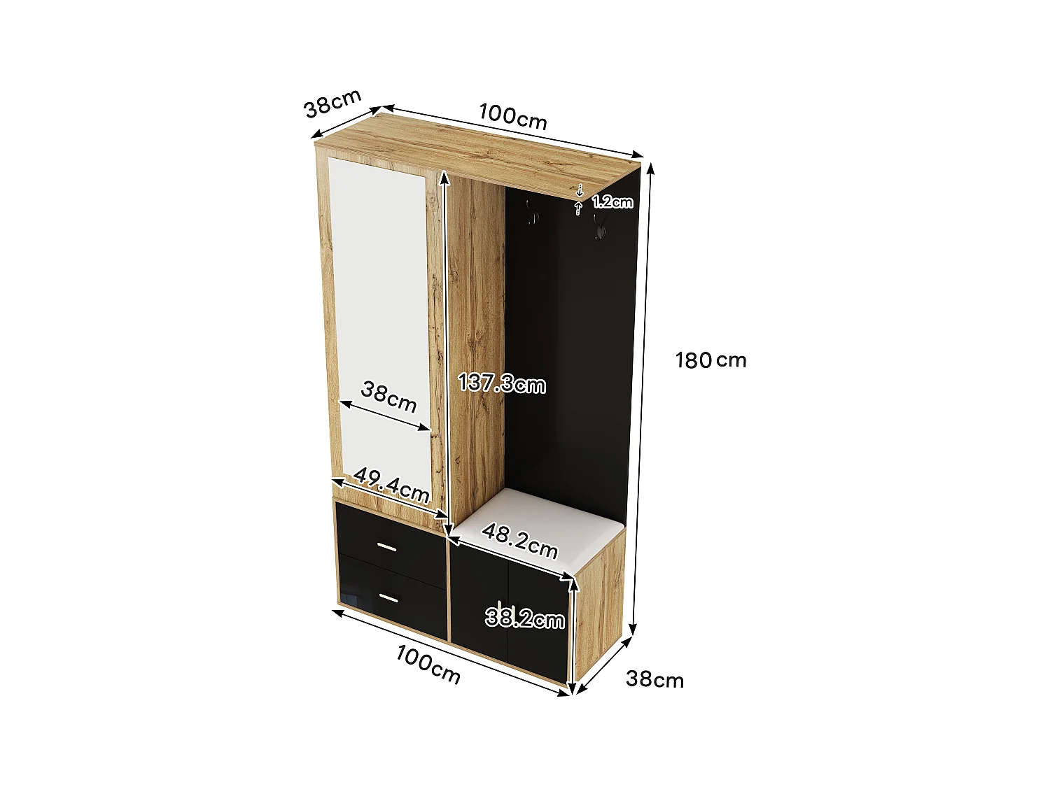 Porte-manteau avec miroir et banc à chaussures, tringle à vêtements rétractable - noir et naturel