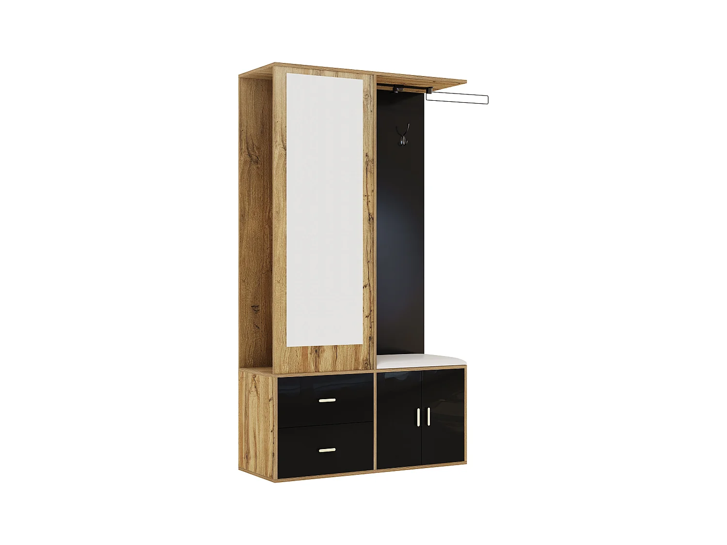 Porte-manteau avec miroir et banc à chaussures, tringle à vêtements rétractable - noir et naturel