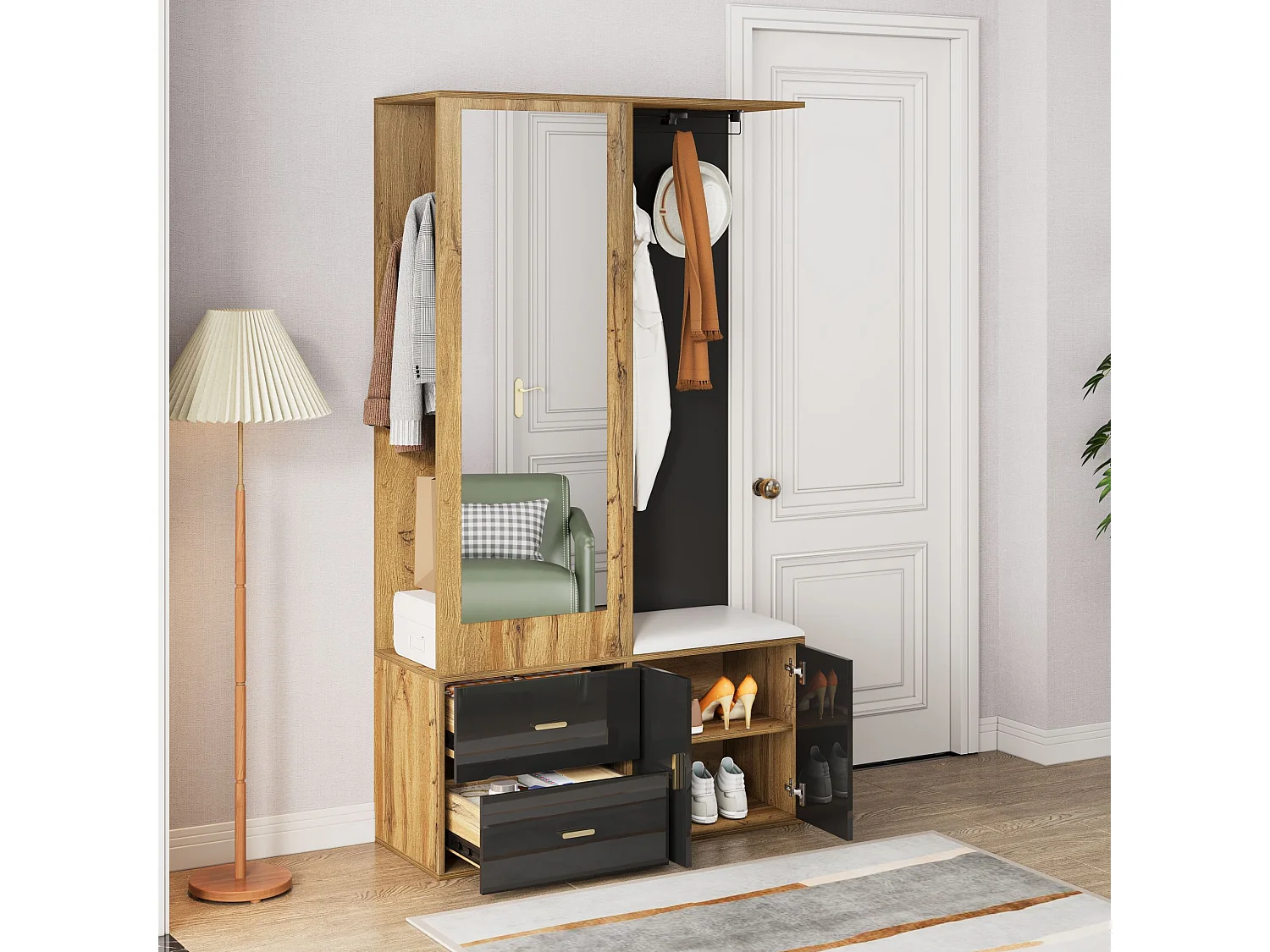 Porte-manteau avec miroir et banc à chaussures, tringle à vêtements rétractable - noir et naturel