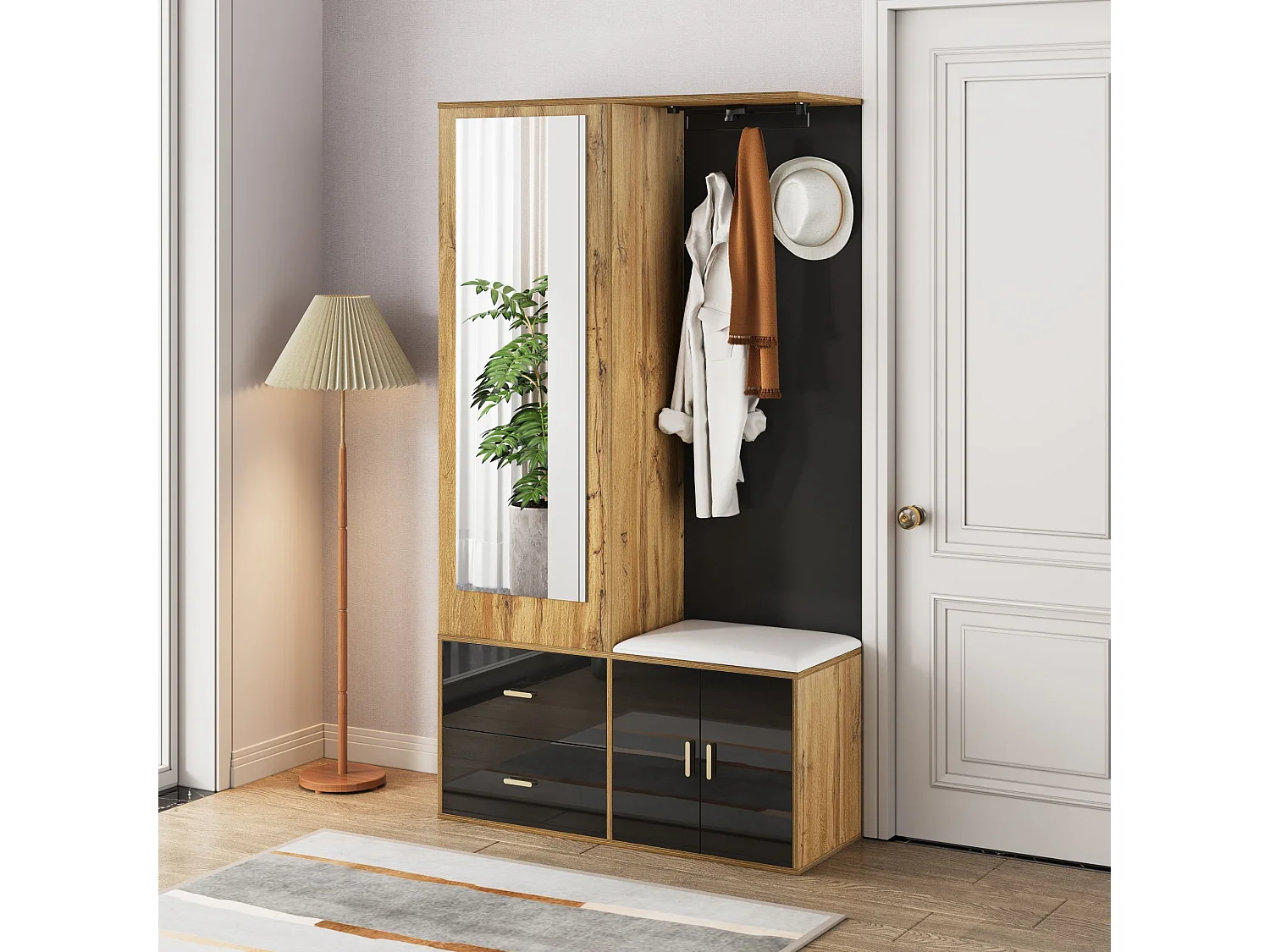 Porte-manteau avec miroir et banc à chaussures, tringle à vêtements rétractable - noir et naturel