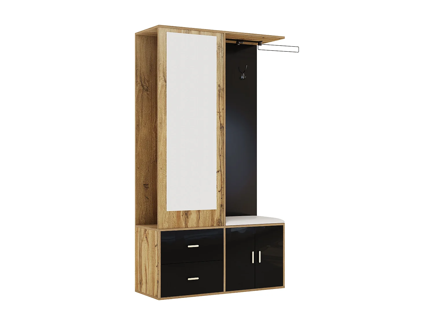 Porte-manteau avec miroir et banc à chaussures, tringle à vêtements rétractable - noir et naturel