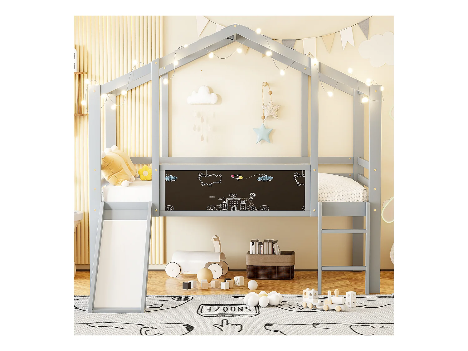 Lit mezzanine 90x200 cm Lit enfant avec échelle et toboggan, planche à dessin - gris (sans matelas)