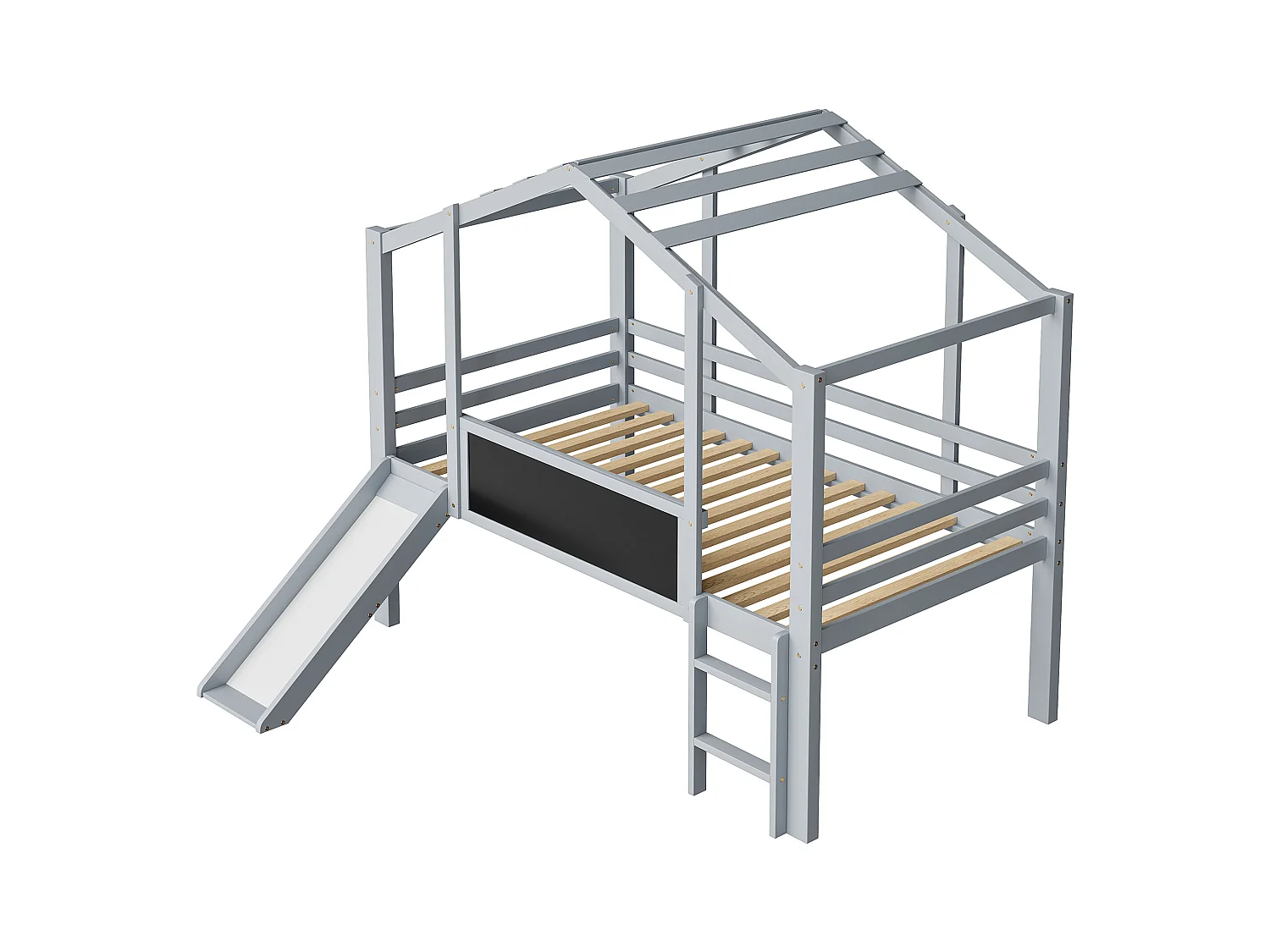 Lit mezzanine 90x200 cm Lit enfant avec échelle et toboggan, planche à dessin - gris (sans matelas)