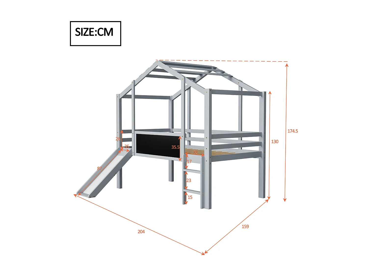 Cama alta de 90 x 200 cm con escalera, tobogán y tablero para dibujar - gris (sin colchón)