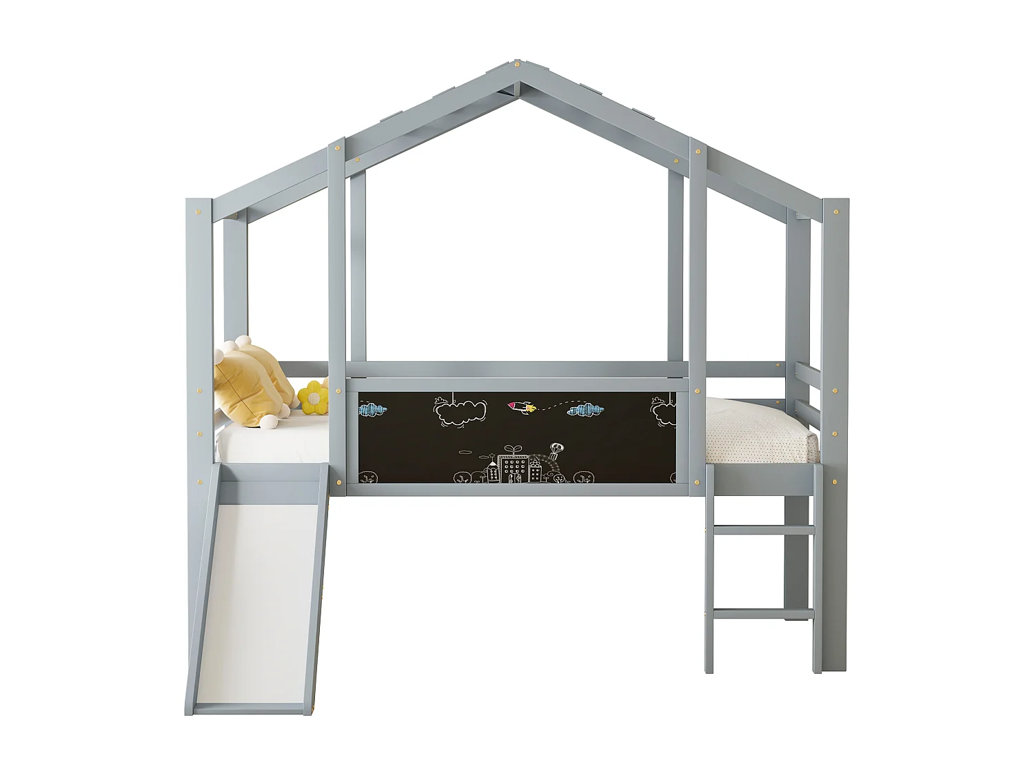 Cama alta de 90 x 200 cm con escalera, tobogán y tablero para dibujar - gris (sin colchón)