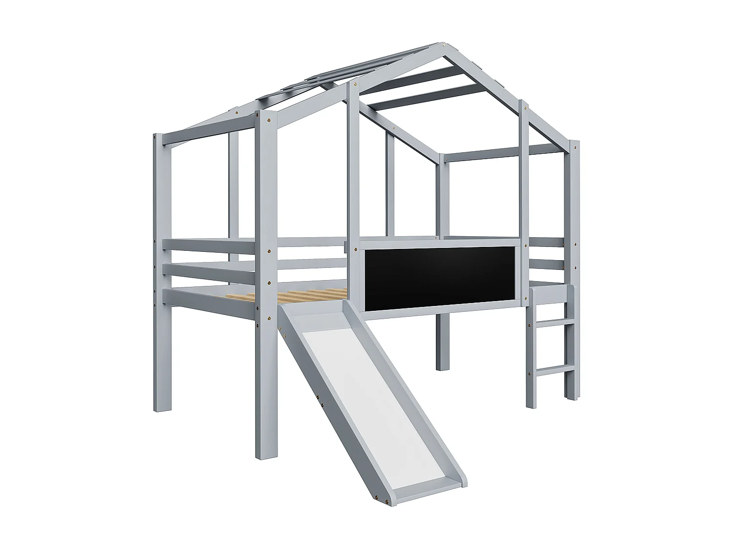 Cama alta de 90 x 200 cm con escalera, tobogán y tablero para dibujar - gris (sin colchón)