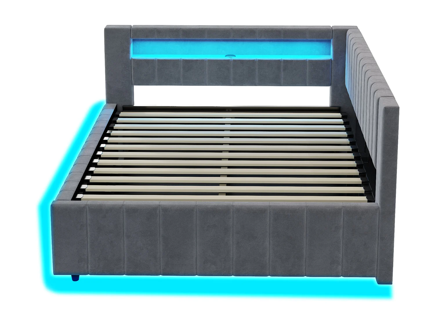 Lit banquette 140x200 cm avec rangement, éclairage LED et port USB - velours gris (sans matelas)