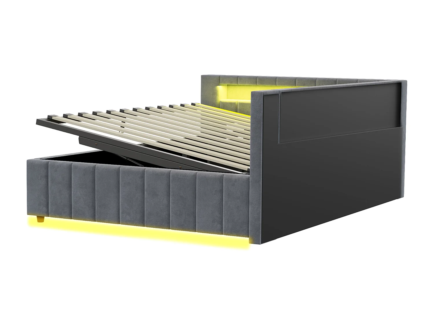 Lit banquette 140x200 cm avec rangement, éclairage LED et port USB - velours gris (sans matelas)