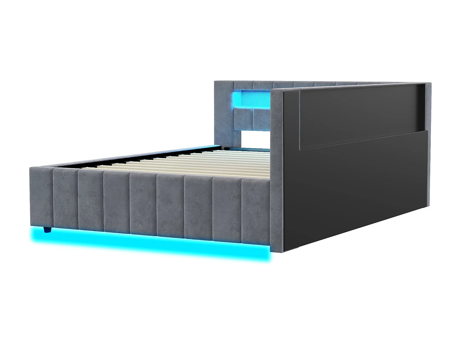 Lit banquette 140x200 cm avec rangement, éclairage LED et port USB - velours gris (sans matelas)