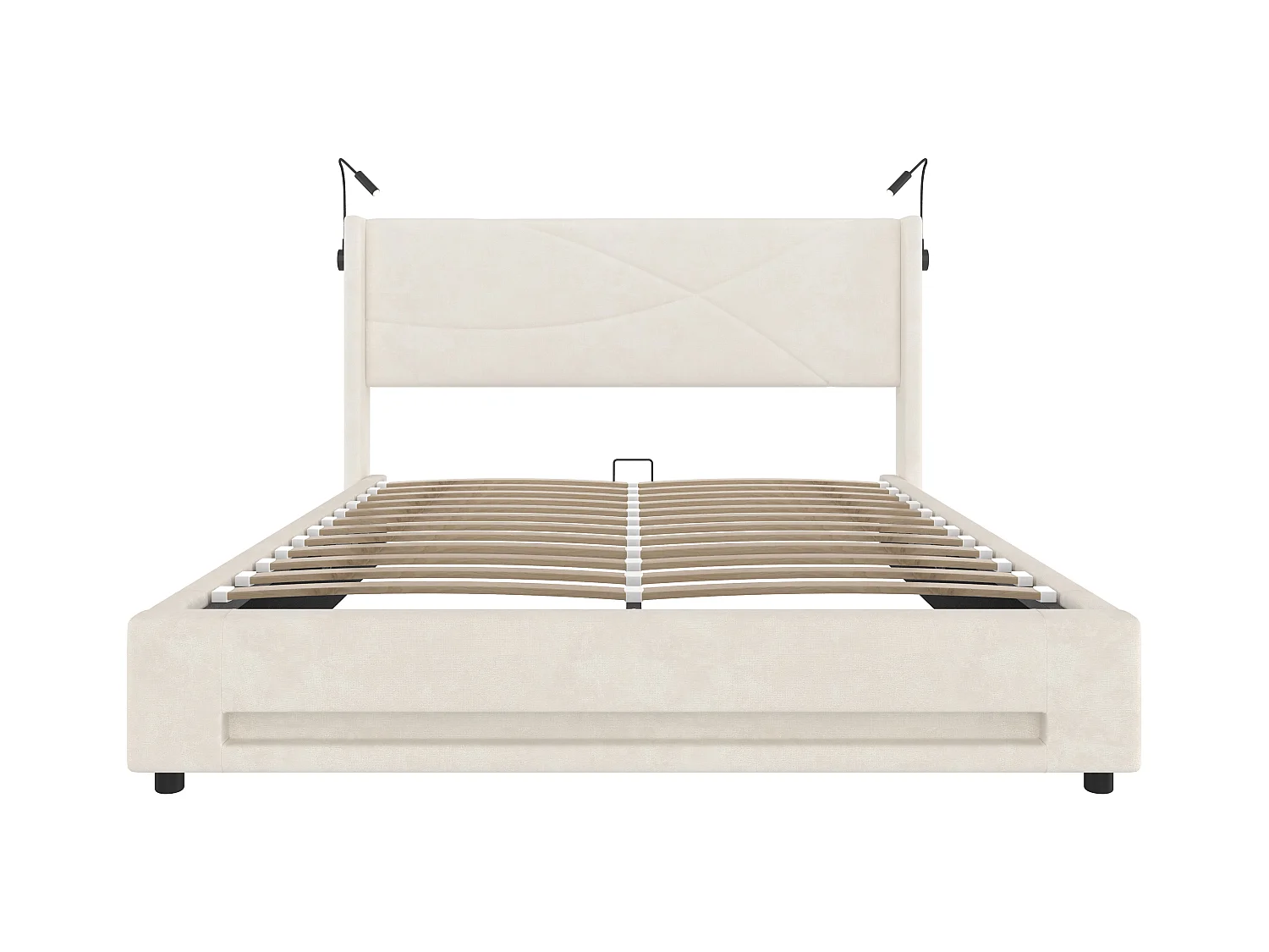 Lit coffre 140x200 cm avec 2 liseuses et éclairage LED, port USB - velours beige - sans matelas