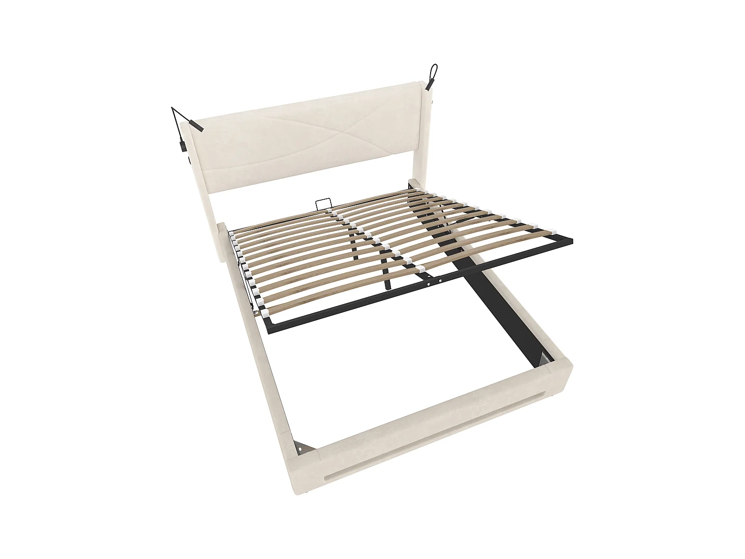 Lit coffre 140x200 cm avec 2 liseuses et éclairage LED, port USB - velours beige - sans matelas