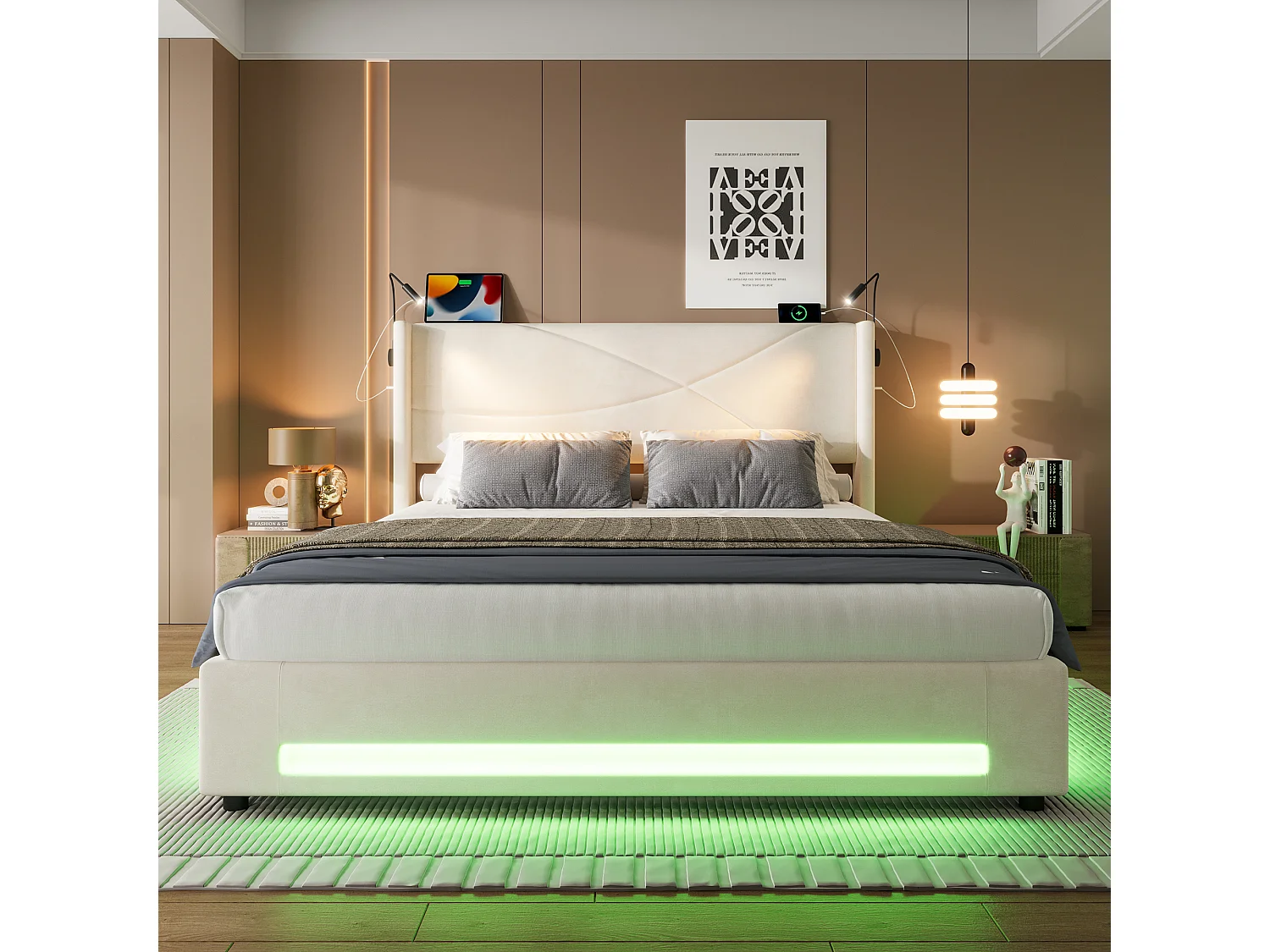 Cama con almacenaje 140 x 200 cm con dos luces de lectura e LED y puerto USB - terciopelo beige - sin colchón