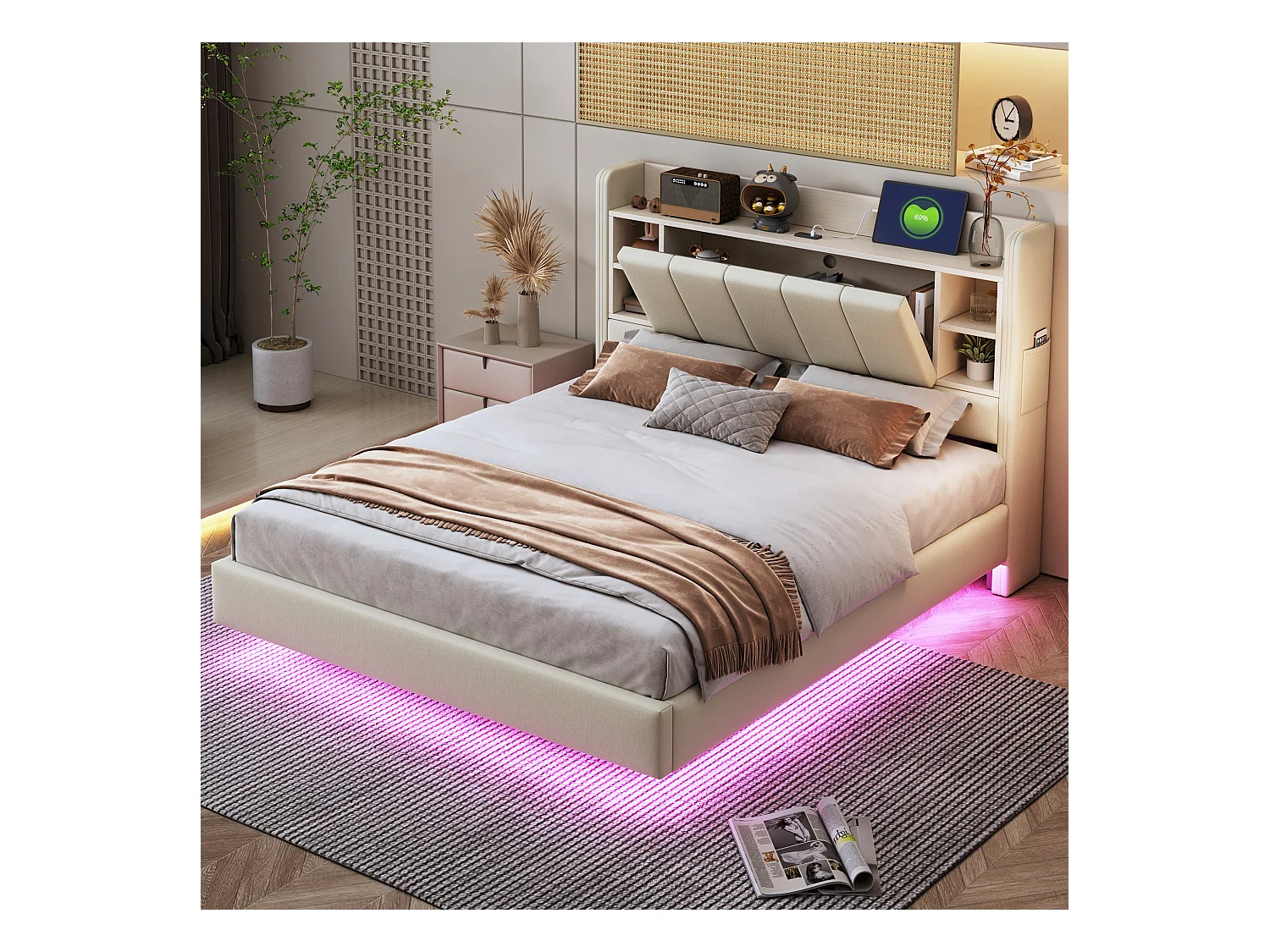 Cama de adulto 140x200 cm con puerto USB y luz LED, cabecero almacenamiento - lino beige - sin colchón