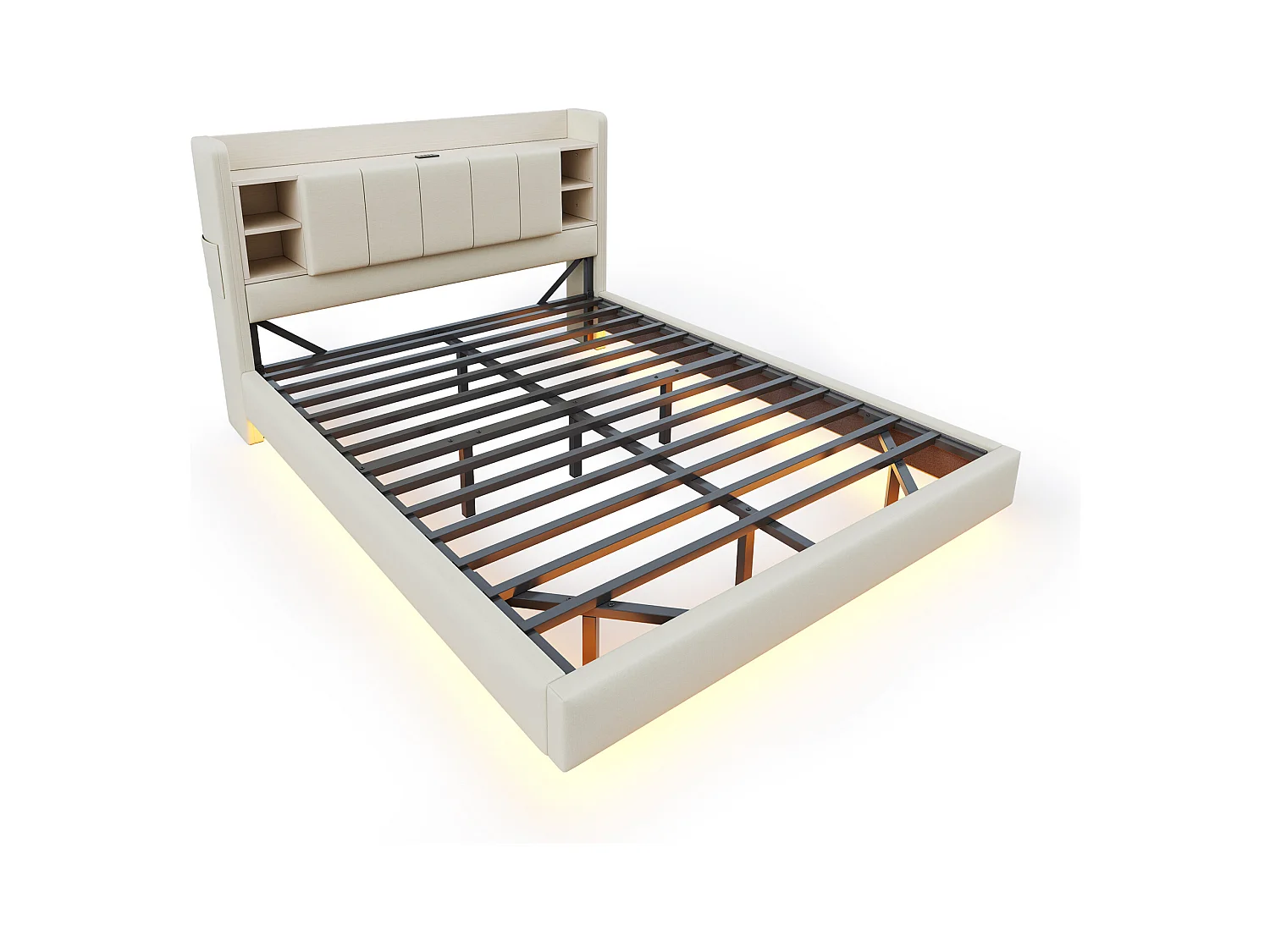 Cama de adulto 140x200 cm con puerto USB y luz LED, cabecero almacenamiento - lino beige - sin colchón