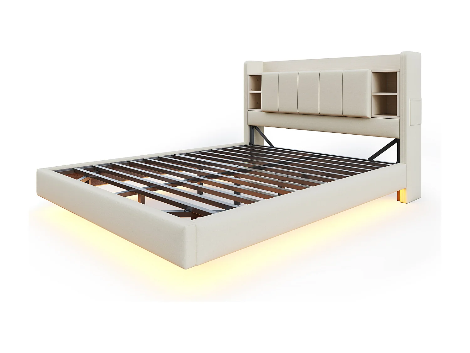 Cama de adulto 140x200 cm con puerto USB y luz LED, cabecero almacenamiento - lino beige - sin colchón