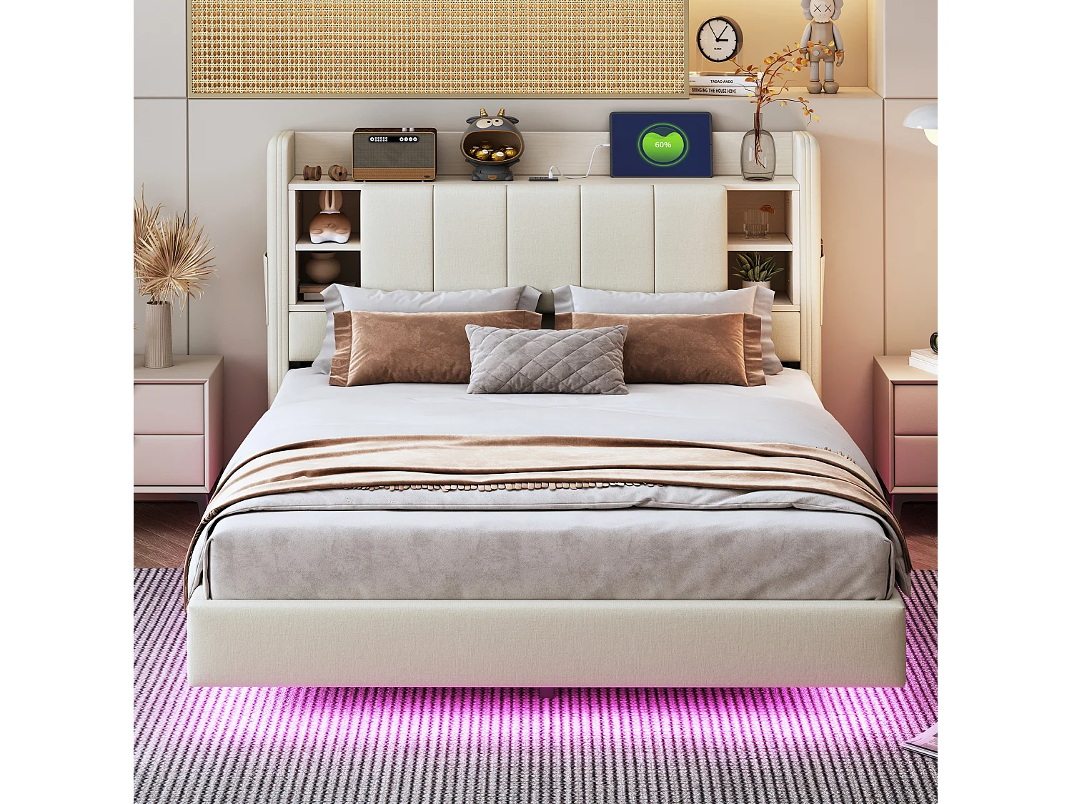 Volwassen bed 140x200 cm met USB-aansluiting en LED, opberghoofdeinde - beige linnen - zonder matras