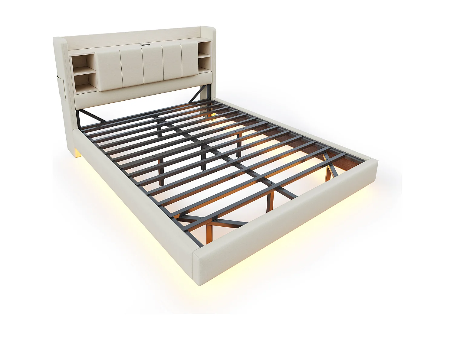 Volwassen bed 140x200 cm met USB-aansluiting en LED, opberghoofdeinde - beige linnen - zonder matras