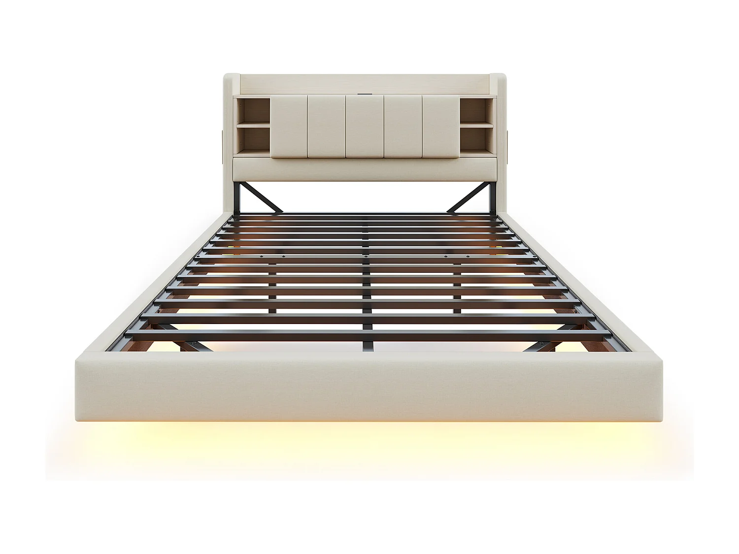 Volwassen bed 140x200 cm met USB-aansluiting en LED, opberghoofdeinde - beige linnen - zonder matras