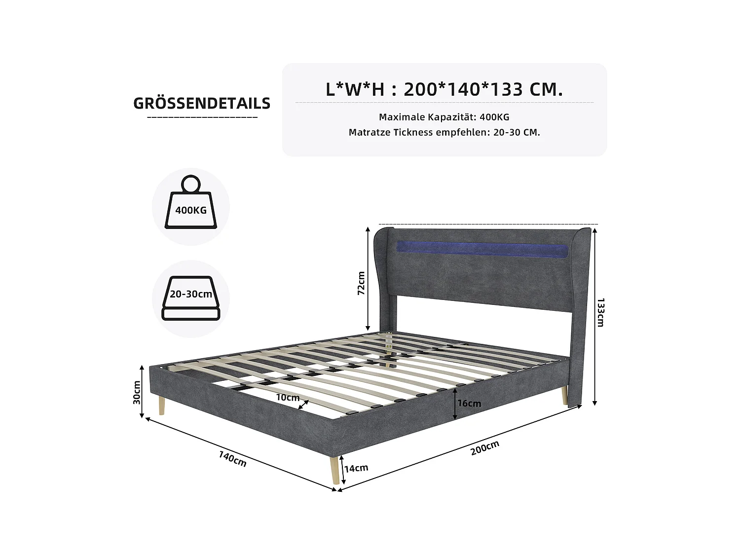 Lit adulte 140x200 cm avec éclairage LED et tête de lit capitonnée - velours gris (sans matelas)