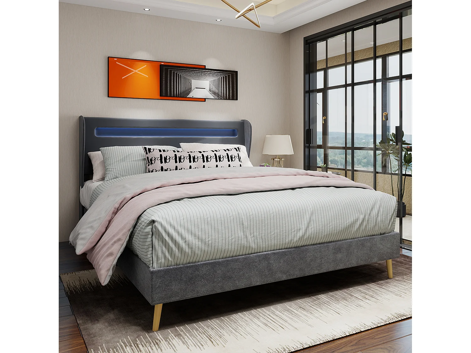 Lit adulte 140x200 cm avec éclairage LED et tête de lit capitonnée - velours gris (sans matelas)