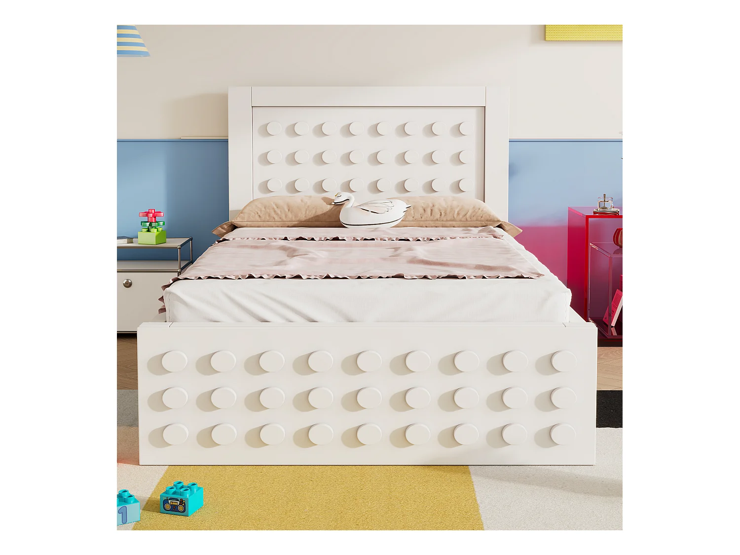 Lit enfant 90x190 cm avec 1 tiroir et sommier à lattes, design bloc créatif blanc - sans matelas