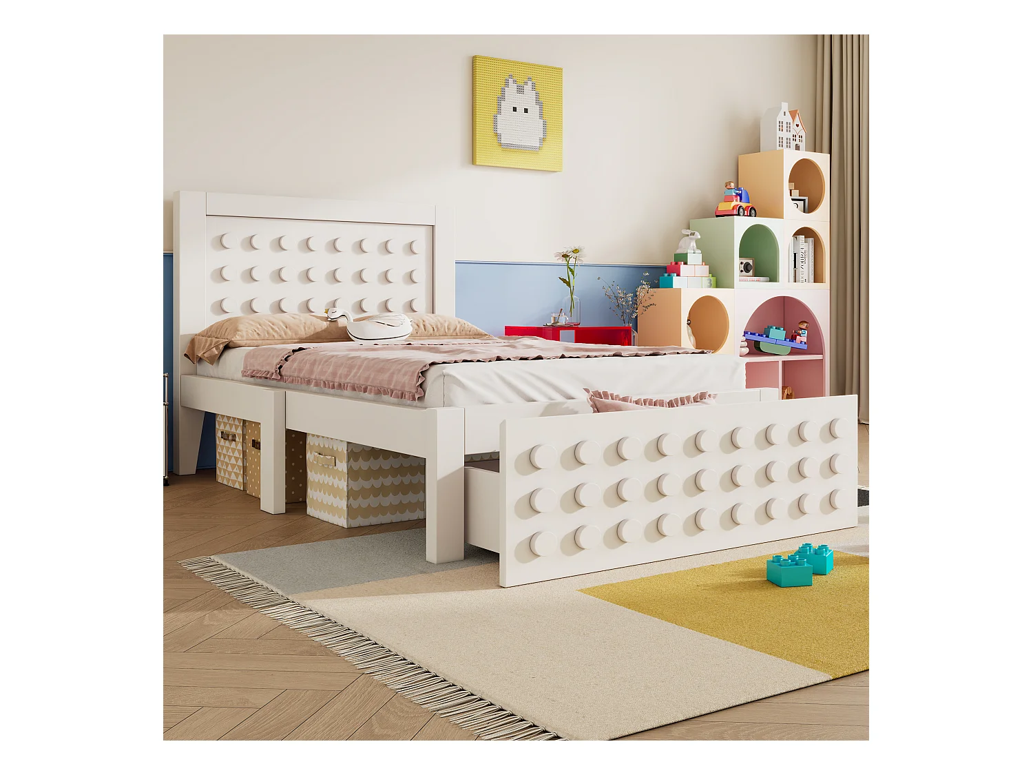 Lit enfant 90x190 cm avec 1 tiroir et sommier à lattes, design bloc créatif blanc - sans matelas