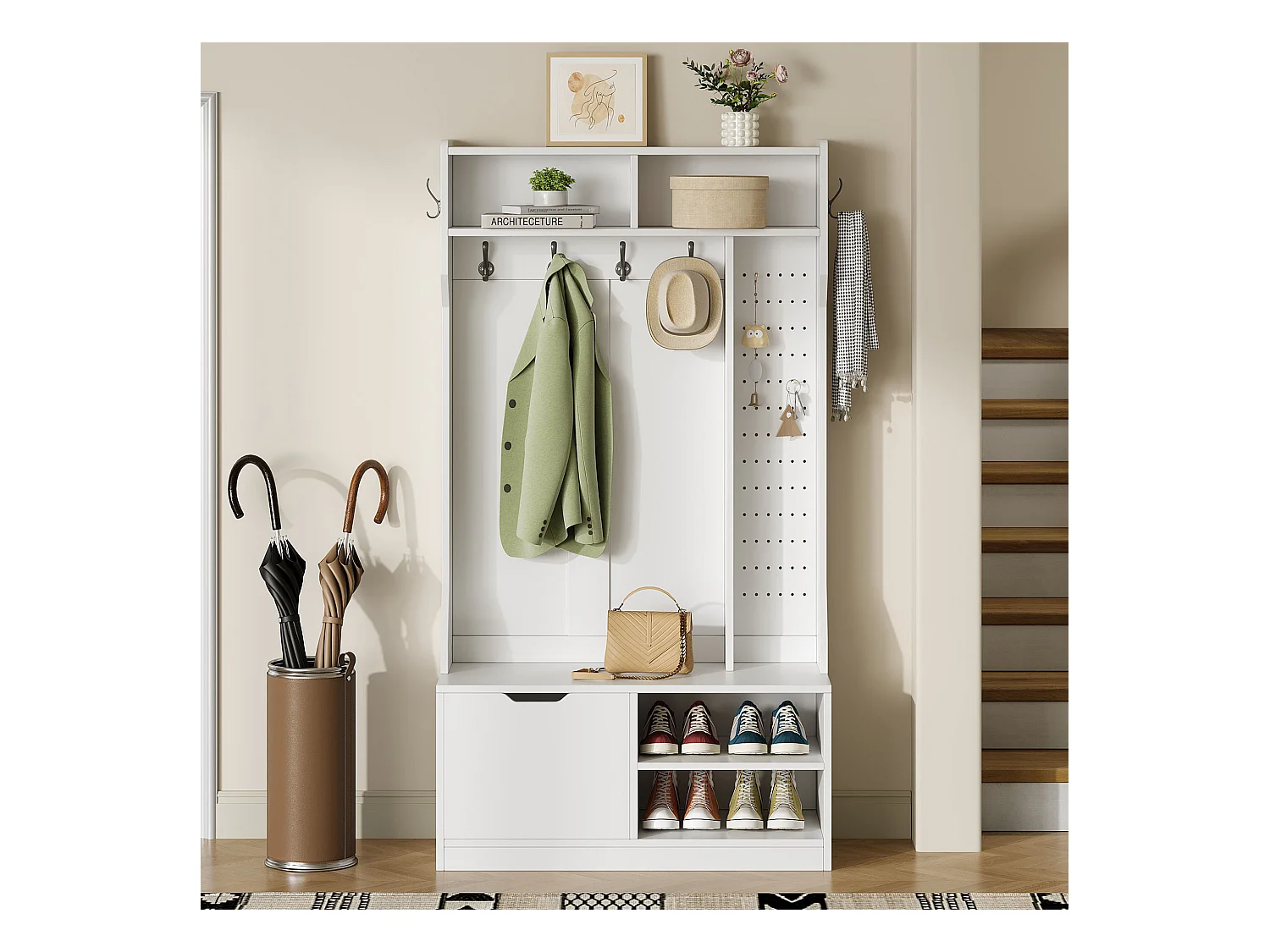 Porte-manteau blanc avec 1 porte et 4 espaces de rangement ouverts, 6 crochets - pour l'entrée