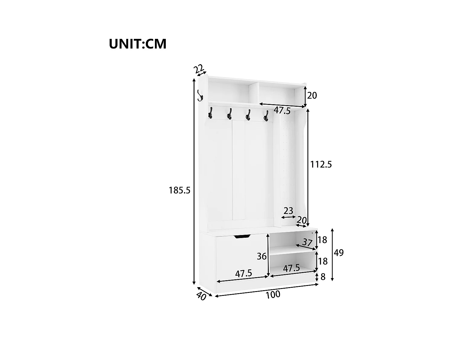 Porte-manteau blanc avec 1 porte et 4 espaces de rangement ouverts, 6 crochets - pour l'entrée